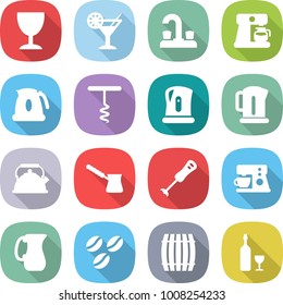 flat vector icon set - wineglass vector, cocktail, water tap, coffee maker, kettle, corkscrew, turk, blender, jug, seeds, barrel, wine