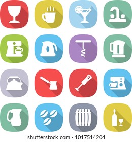 flat vector icon set - wineglass vector, hot drink, cocktail, water tap, coffee maker, kettle, corkscrew, turk, blender, jug, seeds, barrel, wine