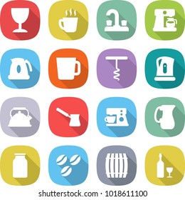 flat vector icon set - wineglass vector, hot drink, water tap, coffee maker, kettle, cup, corkscrew, turk, jug, bank, seeds, barrel, wine