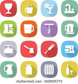 flat vector icon set - wineglass vector, hot drink, cocktail, water tap, coffee maker, cup, corkscrew, kettle, turk, blender, jug, bank, barrel, wine