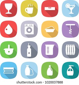 flat vector icon set - wineglass vector, hot drink, level, cocktail, drop, washing machine, corkscrew, ladle, vegetable oil, measuring cup, barrel, sponge, shampoo, cleanser, liquid soap