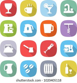 flat vector icon set - wineglass vector, hot drink, cocktail, water tap, coffee maker, kettle, cup, corkscrew, turk, blender, jug, seeds, barrel, wine