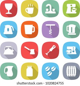 flat vector icon set - wineglass vector, hot drink, water tap, coffee maker, kettle, cup, corkscrew, turk, blender, jug, bank, seeds, barrel
