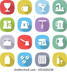 flat vector icon set - wineglass vector, hot drink, cocktail, water tap, coffee maker, kettle, corkscrew, turk, jug, bank, seeds, barrel, wine