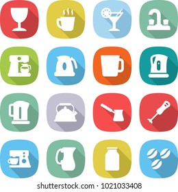 flat vector icon set - wineglass vector, hot drink, cocktail, water tap, coffee maker, kettle, cup, turk, blender, jug, bank, seeds