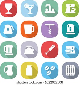 flat vector icon set - wineglass vector, cocktail, water tap, coffee maker, kettle, cup, corkscrew, blender, jug, bank, seeds, barrel