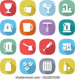 flat vector icon set - wineglass vector, hot drink, cocktail, water tap, kettle, cup, corkscrew, turk, blender, coffee maker, bank, seeds, barrel, wine