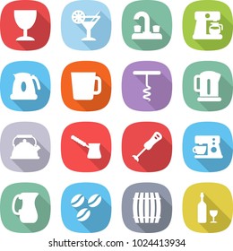 flat vector icon set - wineglass vector, cocktail, water tap, coffee maker, kettle, cup, corkscrew, turk, blender, jug, seeds, barrel, wine