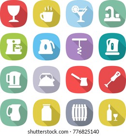 flat vector icon set - wineglass vector, hot drink, cocktail, water tap, coffee maker, kettle, corkscrew, turk, blender, jug, bank, barrel, wine