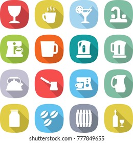 flat vector icon set - wineglass vector, hot drink, cocktail, water tap, coffee maker, cup, kettle, turk, jug, bank, seeds, barrel, wine