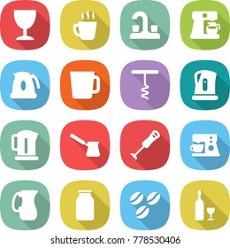 flat vector icon set - wineglass vector, hot drink, water tap, coffee maker, kettle, cup, corkscrew, turk, blender, jug, bank, seeds, wine