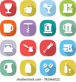 flat vector icon set - wineglass vector, hot drink, cocktail, coffee maker, cup, corkscrew, kettle, turk, blender, jug, bank, seeds, wine
