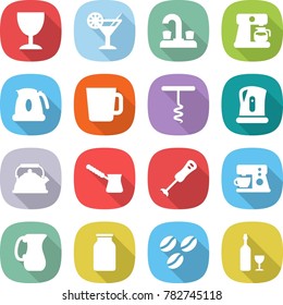 flat vector icon set - wineglass vector, cocktail, water tap, coffee maker, kettle, cup, corkscrew, turk, blender, jug, bank, seeds, wine