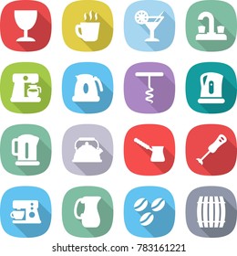 flat vector icon set - wineglass vector, hot drink, cocktail, water tap, coffee maker, kettle, corkscrew, turk, blender, jug, seeds, barrel
