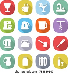 flat vector icon set - wineglass vector, hot drink, cocktail, water tap, coffee maker, kettle, cup, corkscrew, turk, blender, jug, bank, barrel, wine