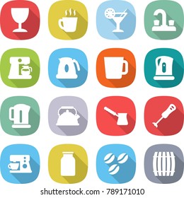 flat vector icon set - wineglass vector, hot drink, cocktail, water tap, coffee maker, kettle, cup, turk, blender, bank, seeds, barrel