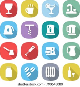 flat vector icon set - wineglass vector, hot drink, cocktail, water tap, kettle, corkscrew, turk, blender, coffee maker, jug, bank, seeds, barrel, wine
