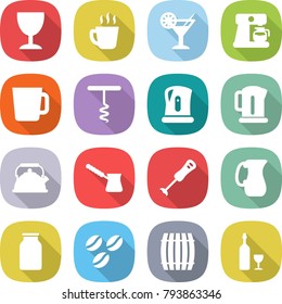 flat vector icon set - wineglass vector, hot drink, cocktail, coffee maker, cup, corkscrew, kettle, turk, blender, jug, bank, seeds, barrel, wine