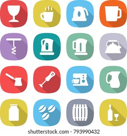 flat vector icon set - wineglass vector, hot drink, kettle, cup, corkscrew, turk, blender, coffee maker, jug, bank, seeds, barrel, wine