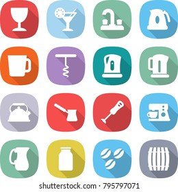 flat vector icon set - wineglass vector, cocktail, water tap, kettle, cup, corkscrew, turk, blender, coffee maker, jug, bank, seeds, barrel