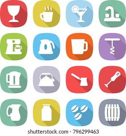 flat vector icon set - wineglass vector, hot drink, cocktail, water tap, coffee maker, kettle, cup, corkscrew, turk, blender, jug, bank, seeds, barrel