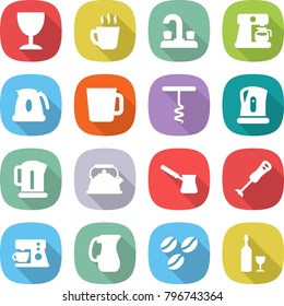 flat vector icon set - wineglass vector, hot drink, water tap, coffee maker, kettle, cup, corkscrew, turk, blender, jug, seeds, wine