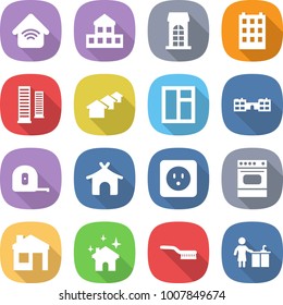 flat vector icon set - wireless home vector, cottage, building, skyscrapers, houses, window, school, measuring tape, bungalow, power socket, oven, house, cleaning, brush, kitchen