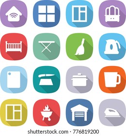 flat vector icon set - wireless home vector, window, dresser, crib, iron board, broom, kettle, cutting, pan, cup, bbq, garage