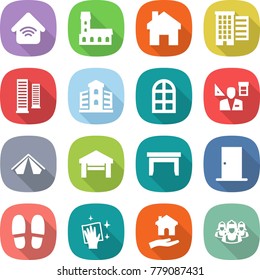 flat vector icon set - wireless home vector, mansion, houses, skyscrapers, building, arch window, architector, tent, garage, table, door, slippers, wiping, housing, outsource