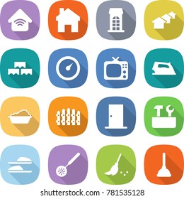 flat vector icon set - wireless home vector, building, houses, block wall, barometer, tv, iron, washing, fence, door, repair tools, slippers, skimmer, broom, plunger