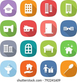 flat vector icon set - wireless home vector, building, skyscrapers, skyscraper, slum, house with garage, door, school, district, arch window, cleaning, water tap sink, housing, kitchen, duster
