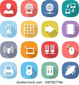 flat vector icon set - woman vector, notebook globe, connect, crystall memory, chip, right arrow, antenna, laptop wifi, server, wireless mouse, printer, lock, trash bin, bug