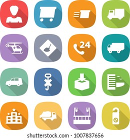flat vector icon set - woman vector, delivery, truck, ambulance helicopter, under construction, phone 24, shipping, car, do not hook sign, package, hotel, trash, skysrcapers cleaning, distrub