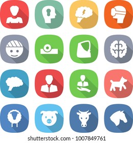 flat vector icon set - woman vector, bulb head, brain, virtual mask, bandaged, reflector, broken hand, client, dog, sheep, pig, cow, horse