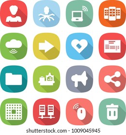 flat vector icon set - woman vector, virus, notebook wireless, server, cloud, right arrow, pacemaker, invoice, documents, baggage checking, loudspeaker, share, cpu, mouse, trash bin
