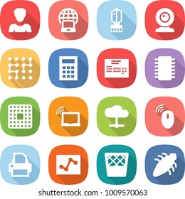 flat vector icon set - woman vector, notebook globe, crystall memory, web cam, chip, calculator, invoice, cpu, laptop wifi, cloud, wireless mouse, printer, analytics, trash bin, bug