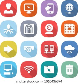 flat vector icon set - woman vector, monitor arrow, touch, globe connect, virus, fingerprint, web cam, cpu, right, surveillance camera, server, cloud service, computer, wireless, browser window
