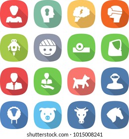 flat vector icon set - woman vector, bulb head, brain, virtual mask, jet robot, bandaged, reflector, broken hand, client, dog, vr helmet, sheep, pig, cow, horse