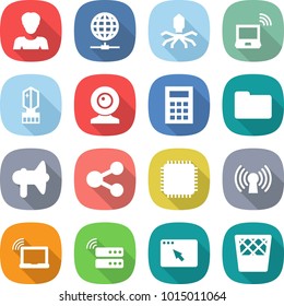 flat vector icon set - woman vector, globe connect, virus, notebook wireless, crystall memory, web cam, calculator, documents, loudspeaker, share, cpu, antenna, laptop wifi, server, browser window