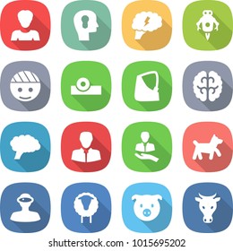 flat vector icon set - woman vector, bulb head, brain, jet robot, bandaged, reflector, broken hand, client, dog, vr helmet, sheep, pig, cow