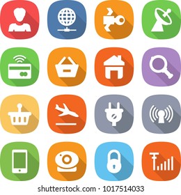flat vector icon set - woman vector, globe connect, satellite, antenna, tap to pay, remove from basket, home, magnifier, arrival, plug, phone, web camera, lock, signal