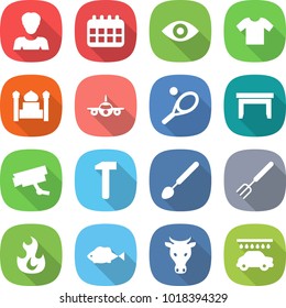 flat vector icon set - woman vector, calendar, eye, t shirt, minaret, plane, tennis, table, surveillance camera, hammer, big spoon, fork, fire, fish, cow, car wash