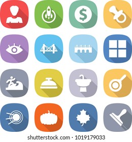 flat vector icon set - woman vector, rocket, dollar coin, nipple, eye, bridge, window, surfer, service bell, sink, pan, satellite, pumpkin, maple leaf, scraper
