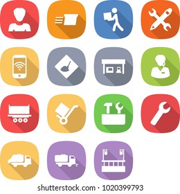 flat vector icon set - woman vector, delivery, courier, pencil wrench, phone wireless, under construction, gas station, support manager, truck shipping, trolley, repair tools, trash, sweeper