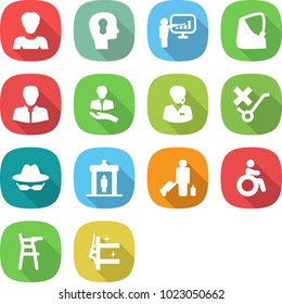 flat vector icon set - woman vector, bulb head, presentation, arm sling, client, support manager, do not trolley sign, confidential, detector, passenger, invalid, Chair for babies