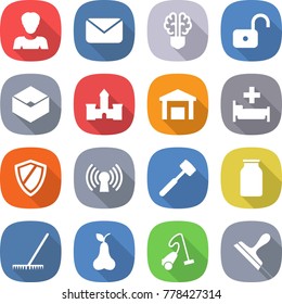 flat vector icon set - woman vector, mail, bulb brain, unlock, box, castle, warehouse, hospital, shield, antenna, meat hammer, bank, rake, pear, vacuum cleaner, scraper