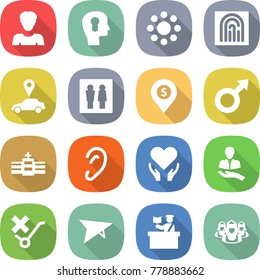 flat vector icon set - woman vector, bulb head, round around, fingerprint, car pointer, wc, dollar pin, male sign, hospital, ear, health care, client, do not trolley, plane, inspector