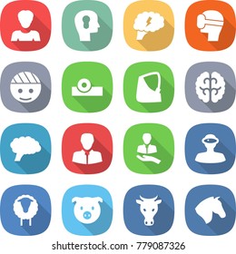 flat vector icon set - woman vector, bulb head, brain, virtual mask, bandaged, reflector, broken hand, client, vr helmet, sheep, pig, cow, horse
