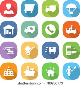 flat vector icon set - woman vector, delivery, truck, parachute, warehouse, phone, ambulance car, helicopter, trolley, fast deliver, hotel, reception, house cleaning, with duster