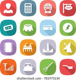 flat vector icon set - woman vector, calculator, notebook globe, shop signboard, ticket, stadium, bus, electricity, chip, factory, rocket start, satellite antenna, signal, kettle, fork, brush